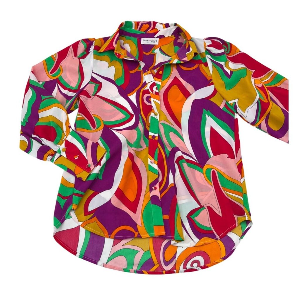 First Love Women's Long Sleeve Button Down Shirt‎ Multicolor Retro sz Small NWOT